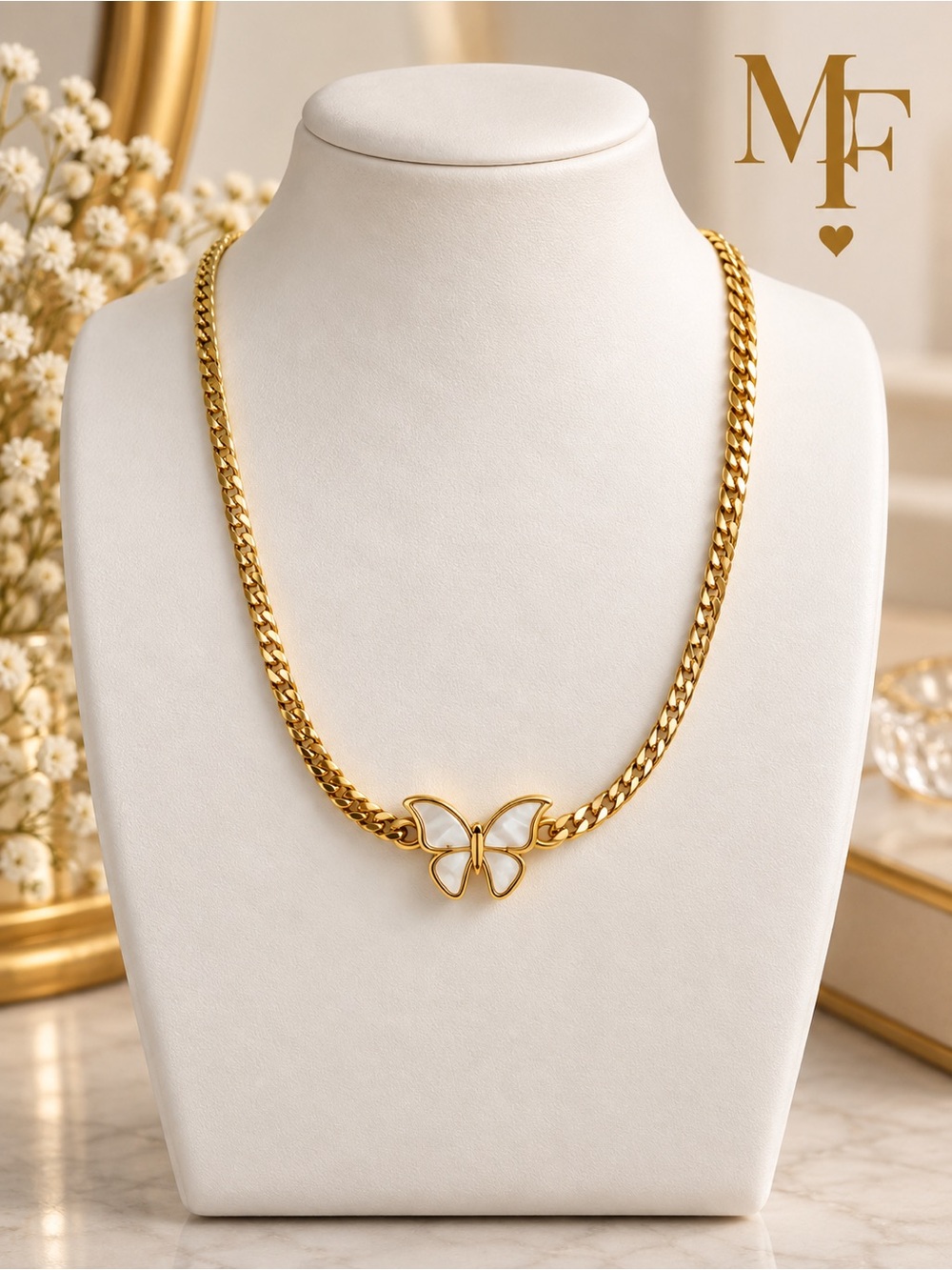 Gold Butterfly Chain Necklace with White Inlay